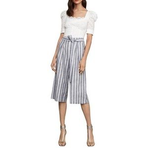 BCBG Striped Linen Blend Cropped Wide Leg Culotte Pants